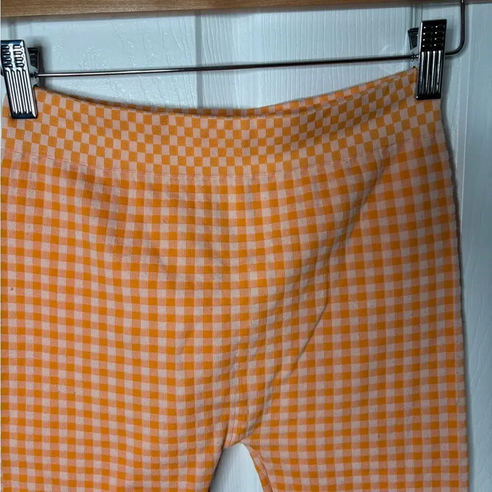 Zara Orange Checkered Mid Rise Biker Shorts XS